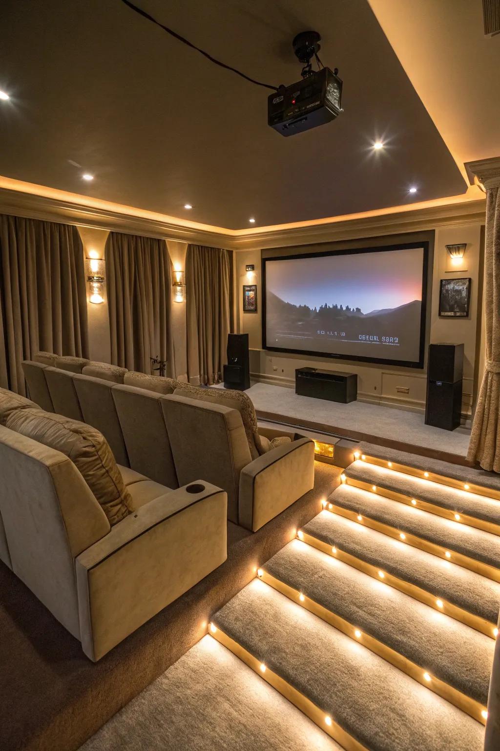 LED lighting under risers sets the mood for a perfect movie night.