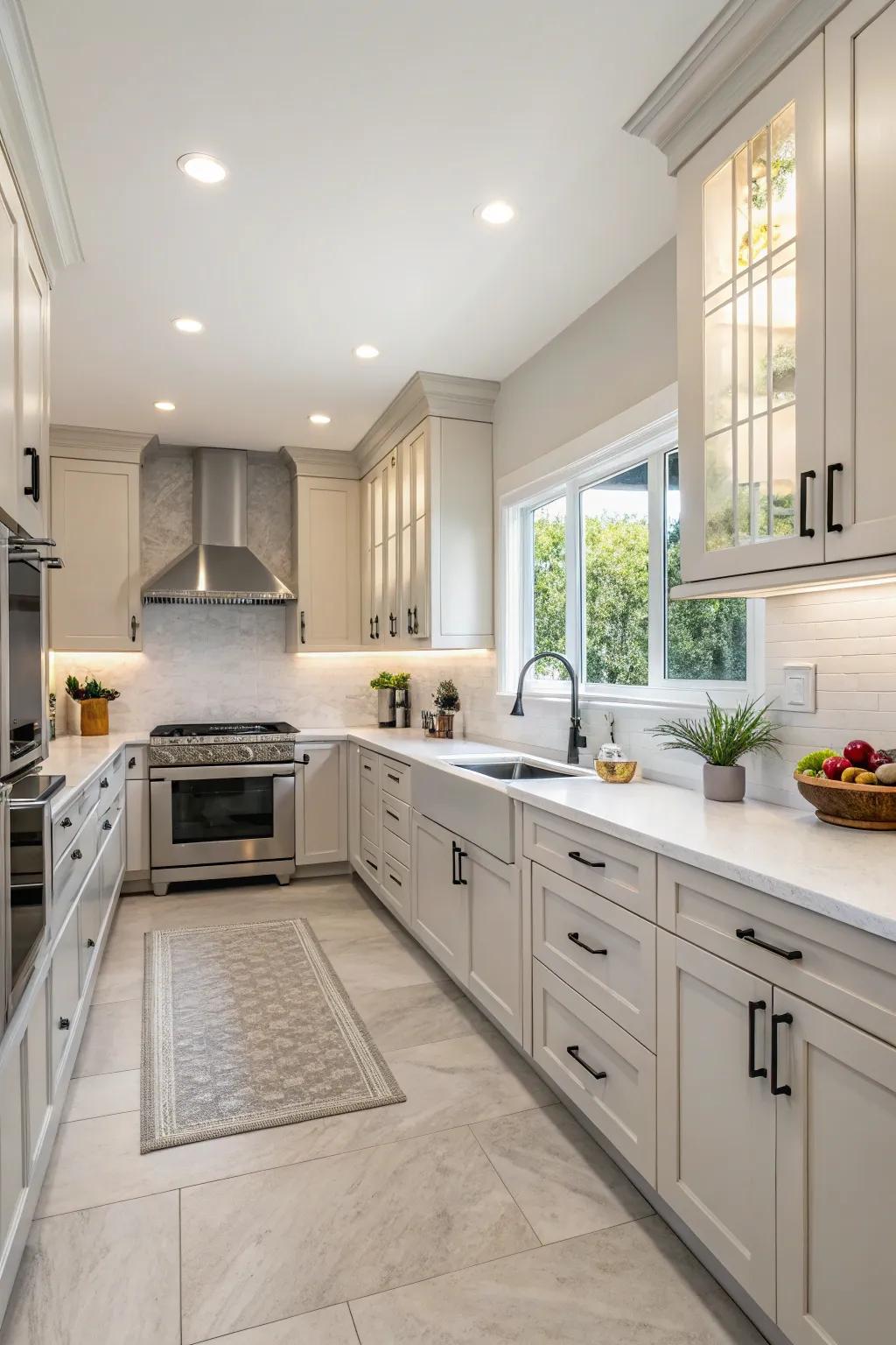 Kitchen cabinets revitalized with a fresh coat of paint and new hardware.