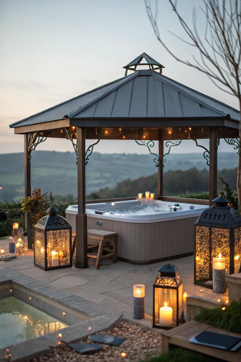 A covered gazebo providing shelter and warmth.