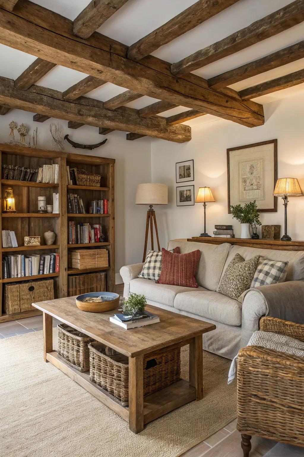 A living room blending rustic charm with modern comfort.