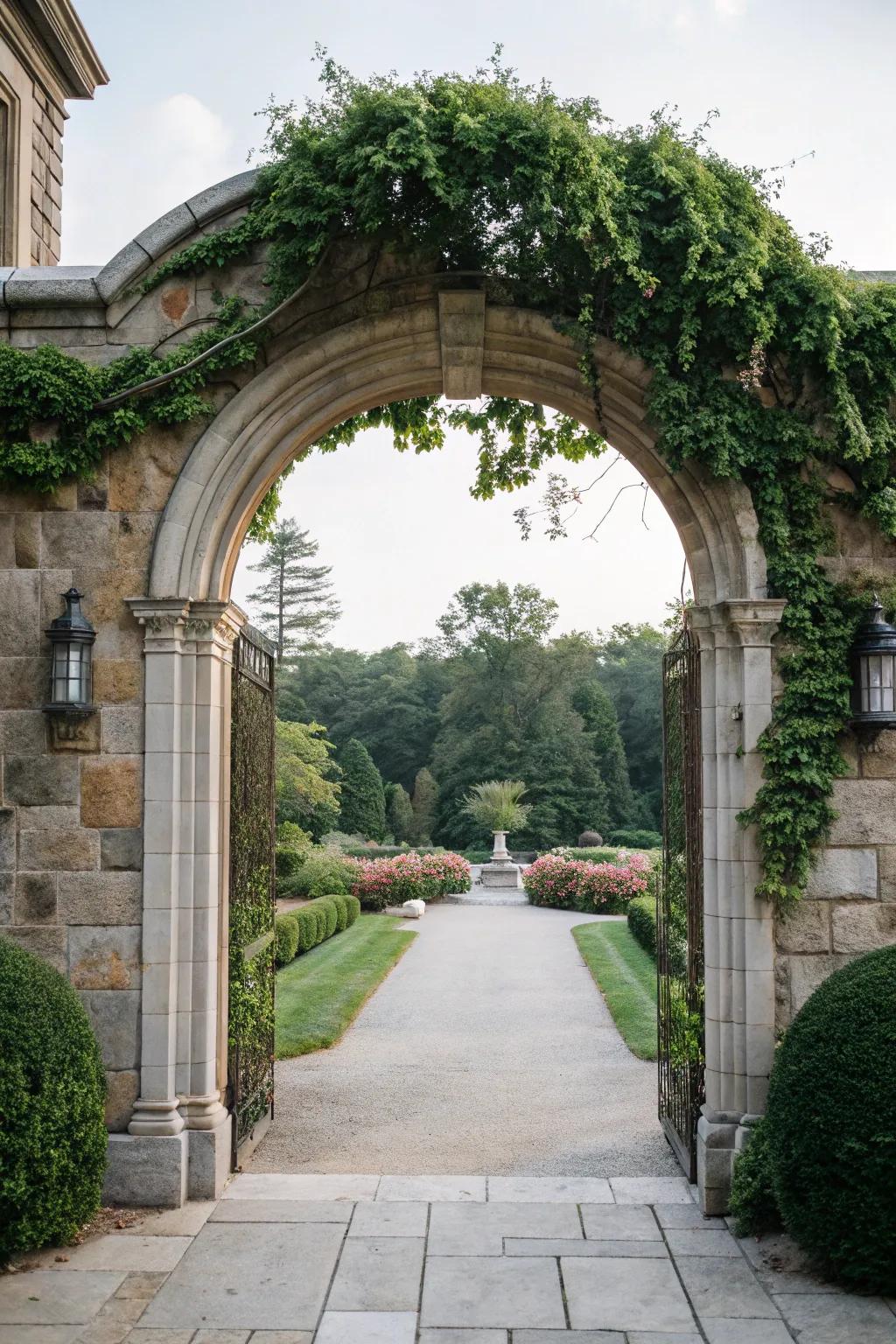 An inviting entrance featuring a stone archway.