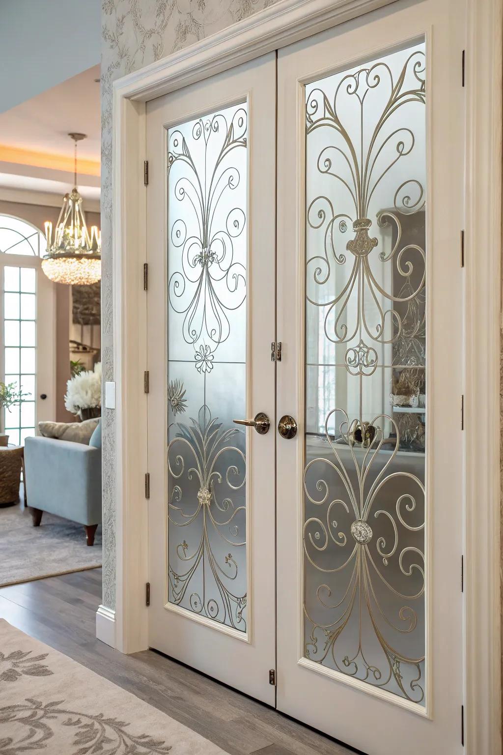 Frosted glass adds privacy and artistic flair to French doors.