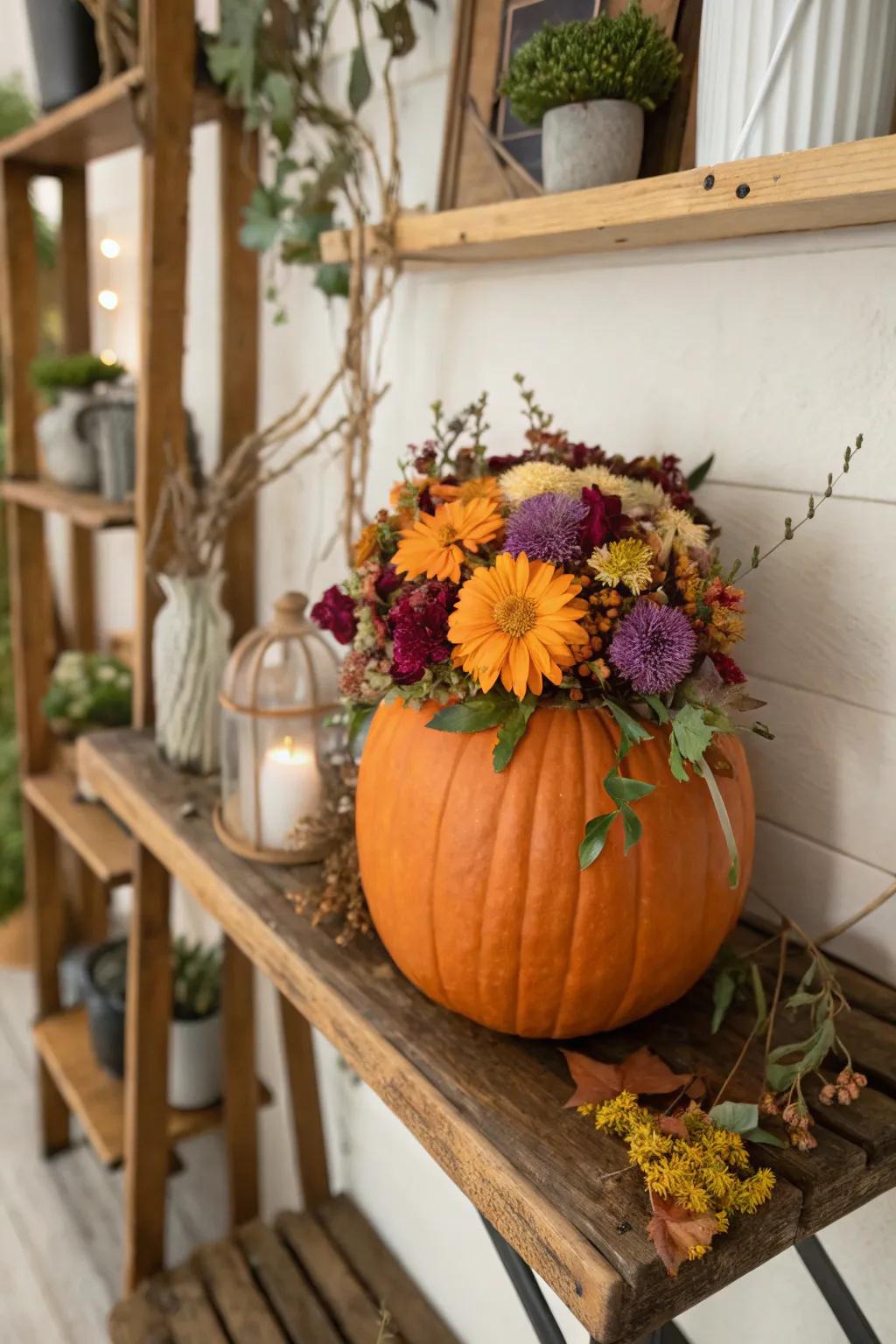 A floral-decorated pumpkin that brings the beauty of nature indoors.