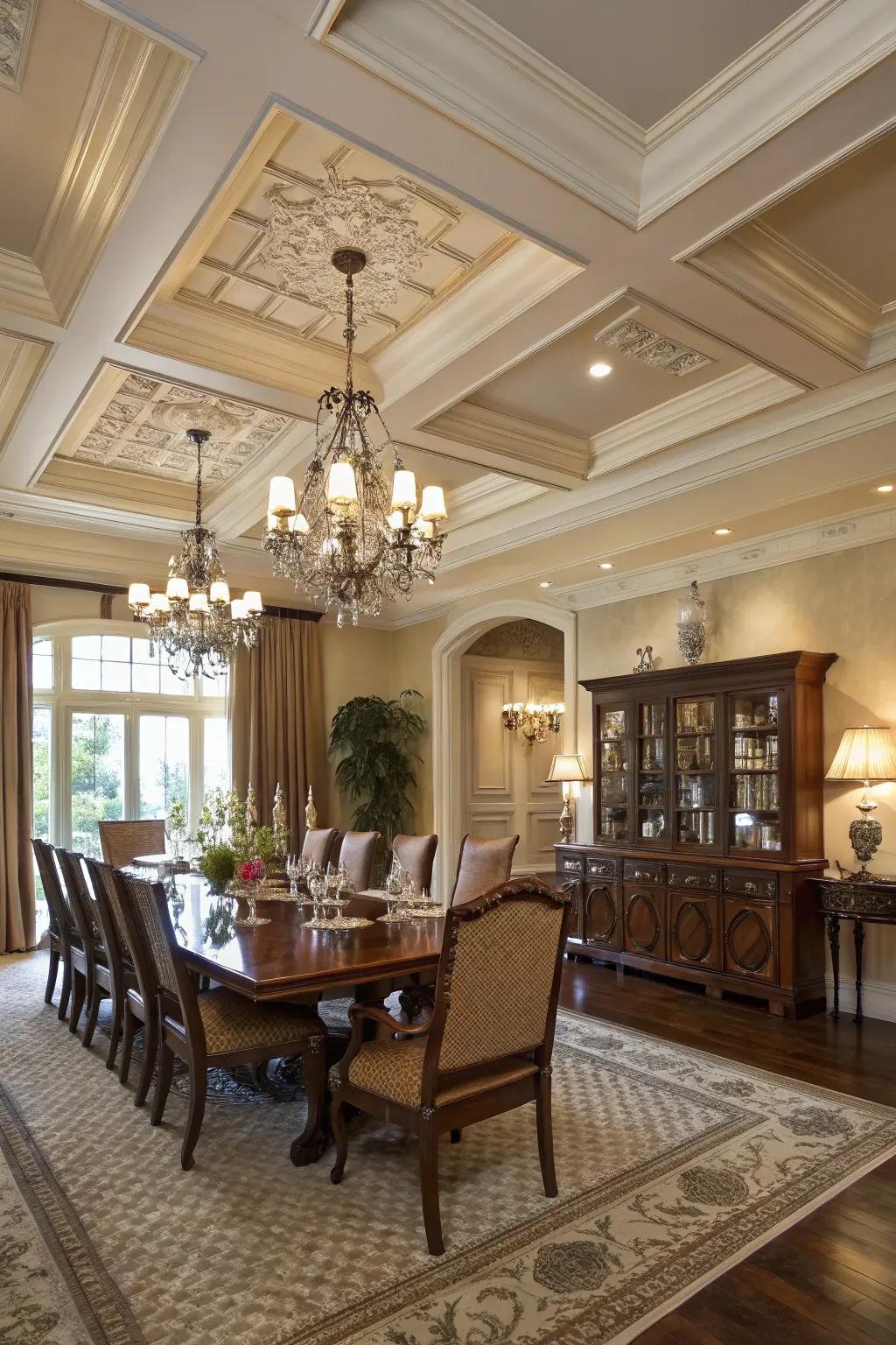 An elegant dining room featuring a classic coffered ceiling design.