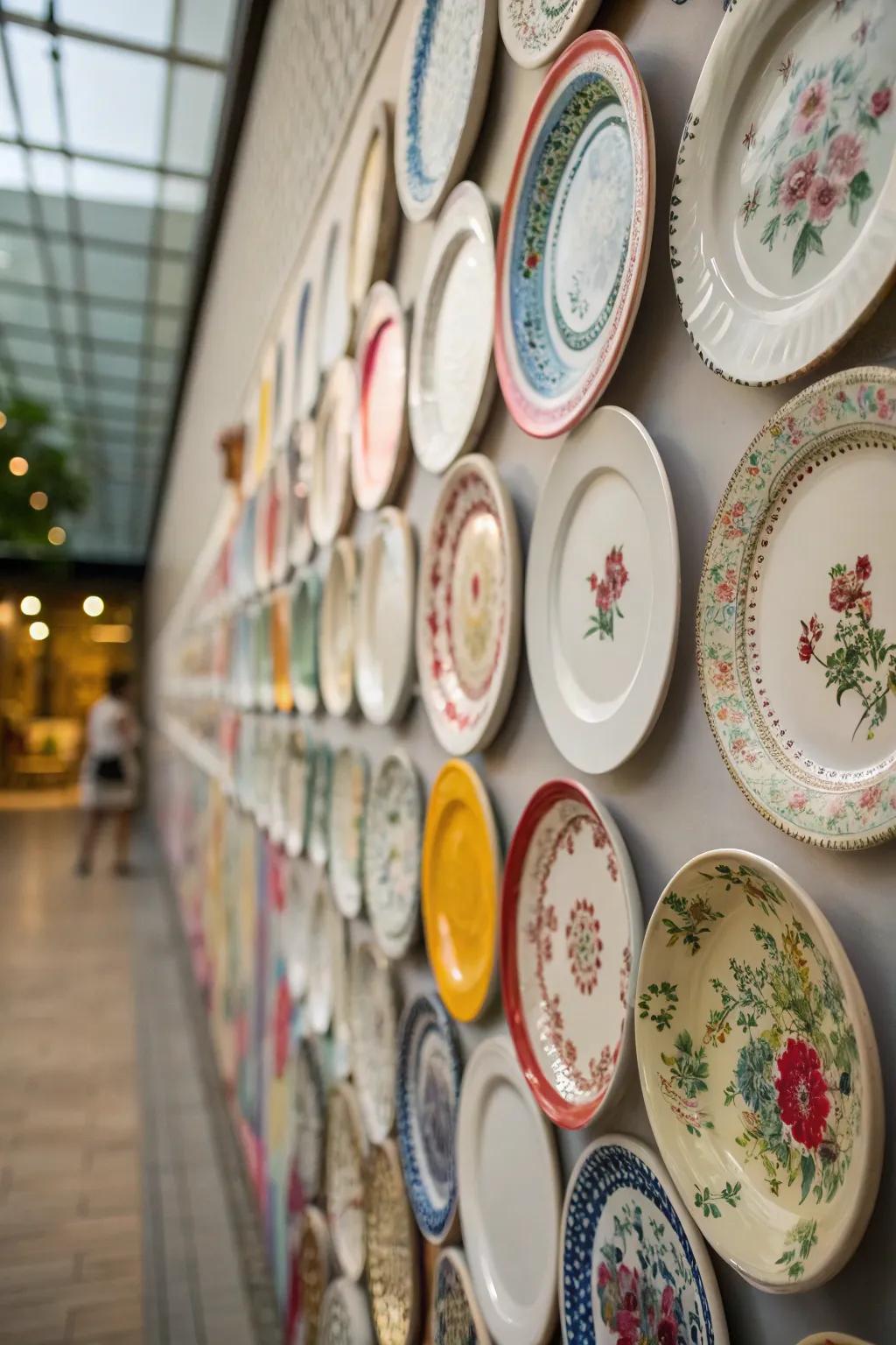 A stunning wall gallery of assorted china plates arranged in an artistic pattern.