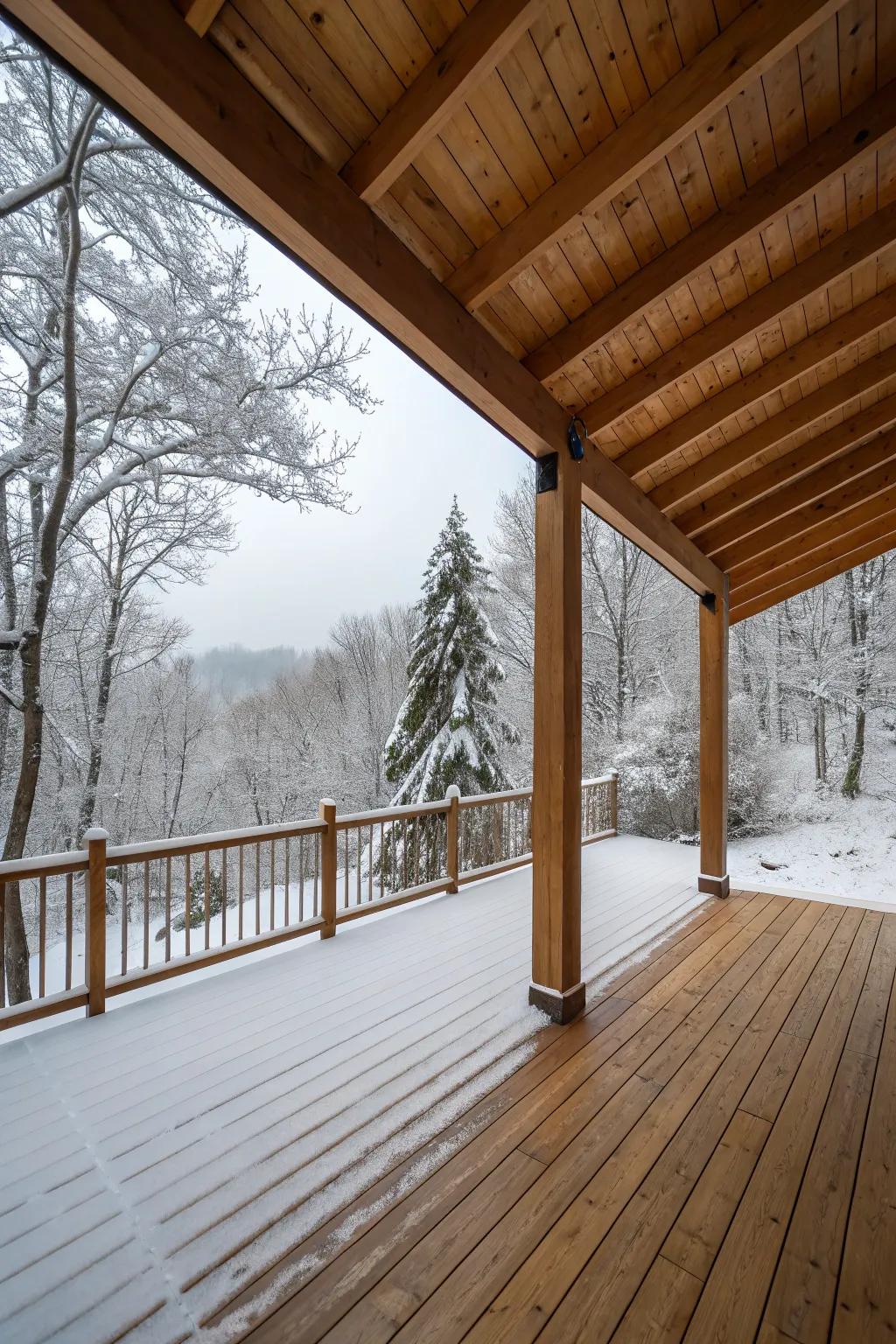 Solid roof structures offer durable protection for winter decks.