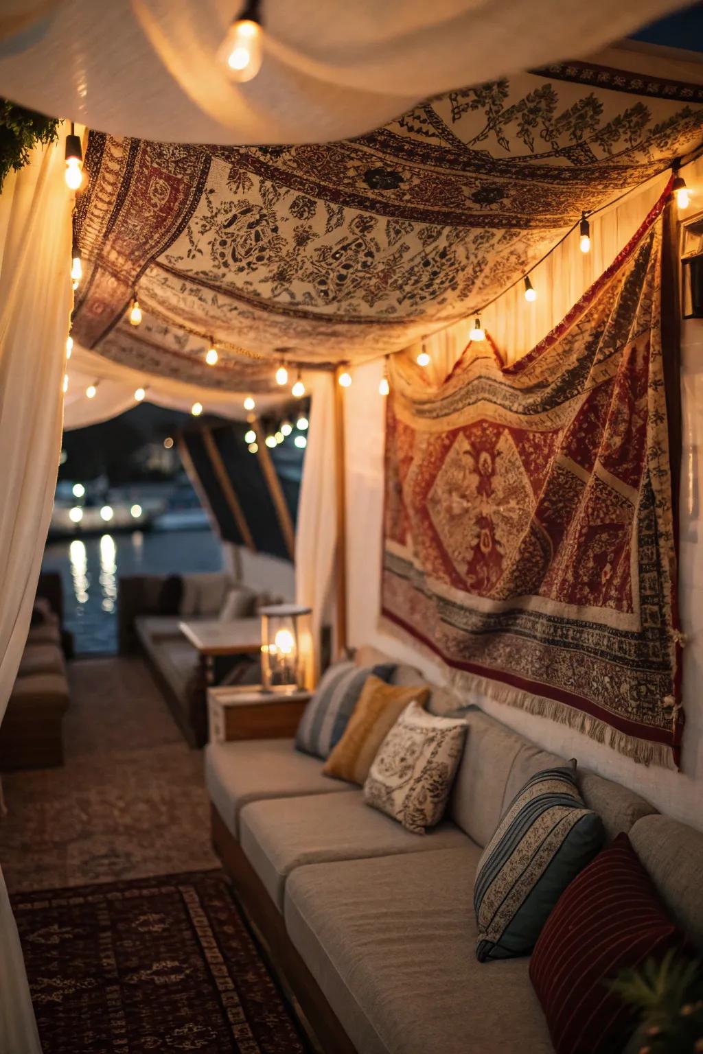 A ceiling-draped tapestry creates a cozy, intimate space.