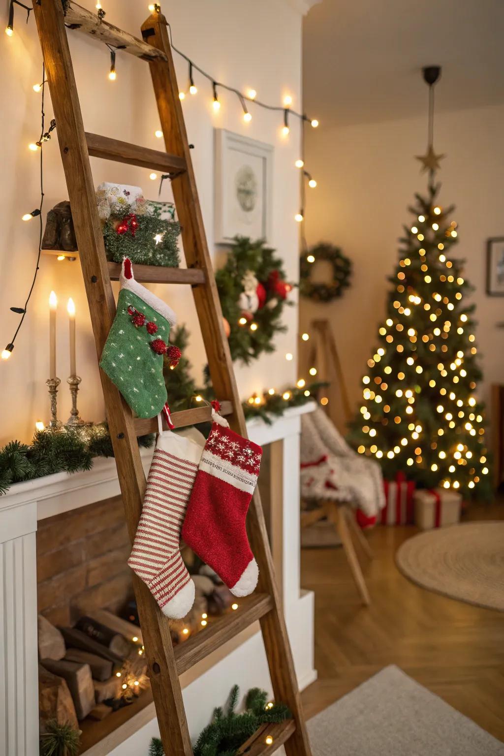 A decorative ladder provides a unique way to display stockings.
