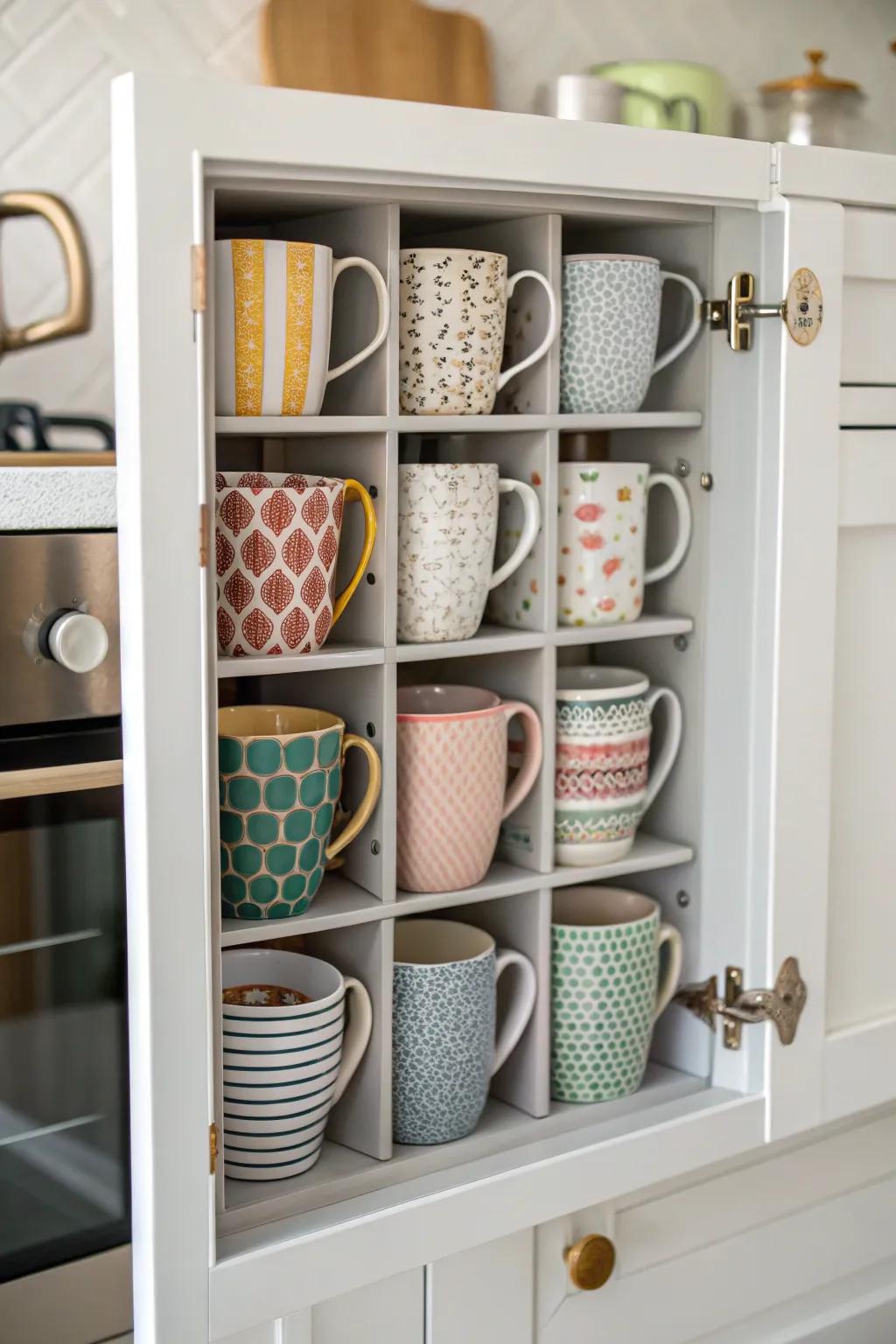 Maximize cabinet door space with mug organizers.