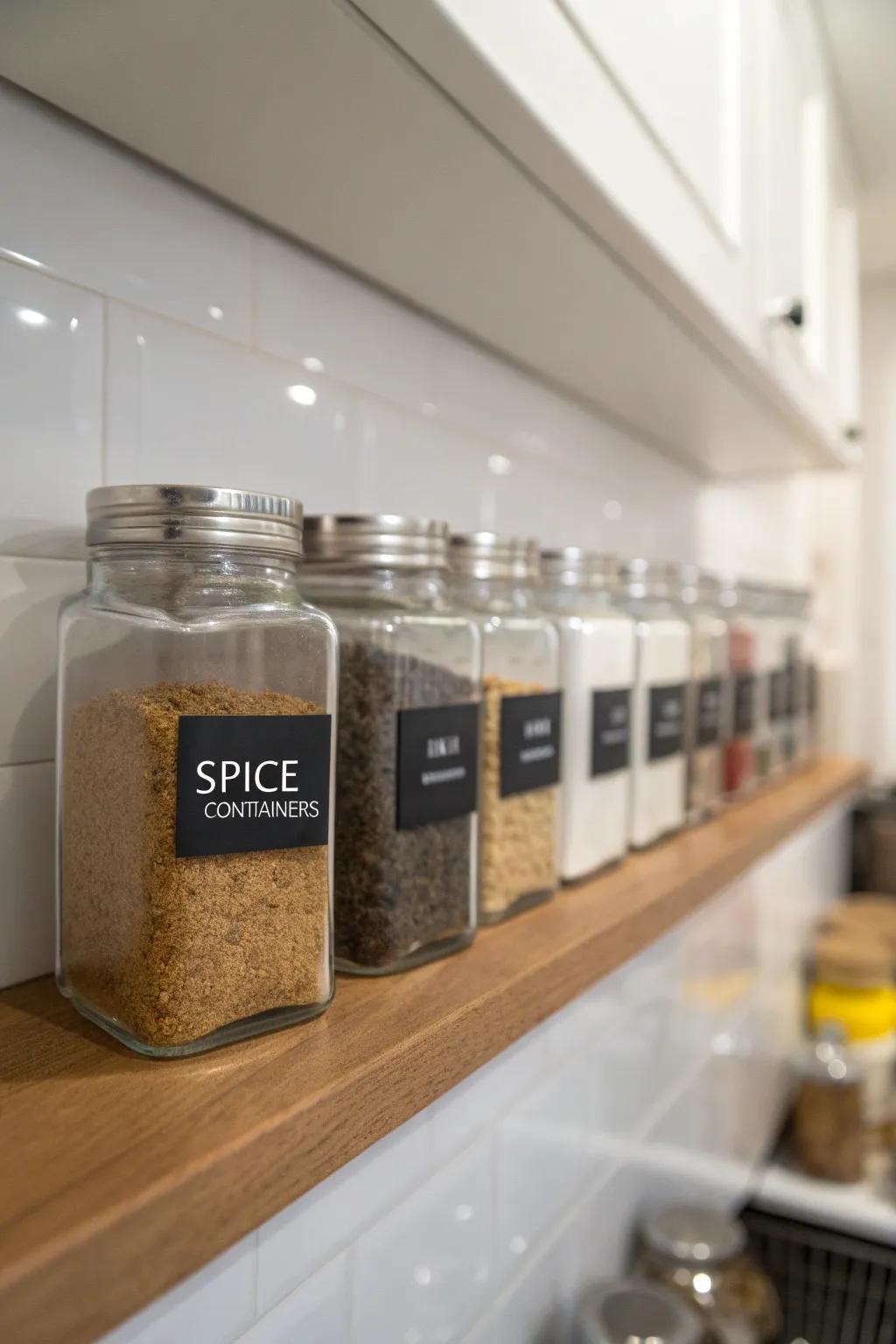 Uniform clear containers keep spices stylishly organized.