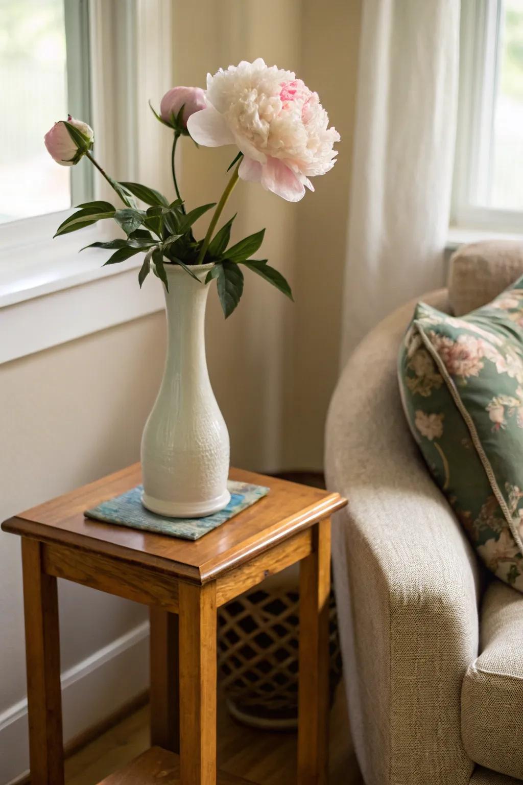 A minimalist arrangement with a single peony in a narrow vase.