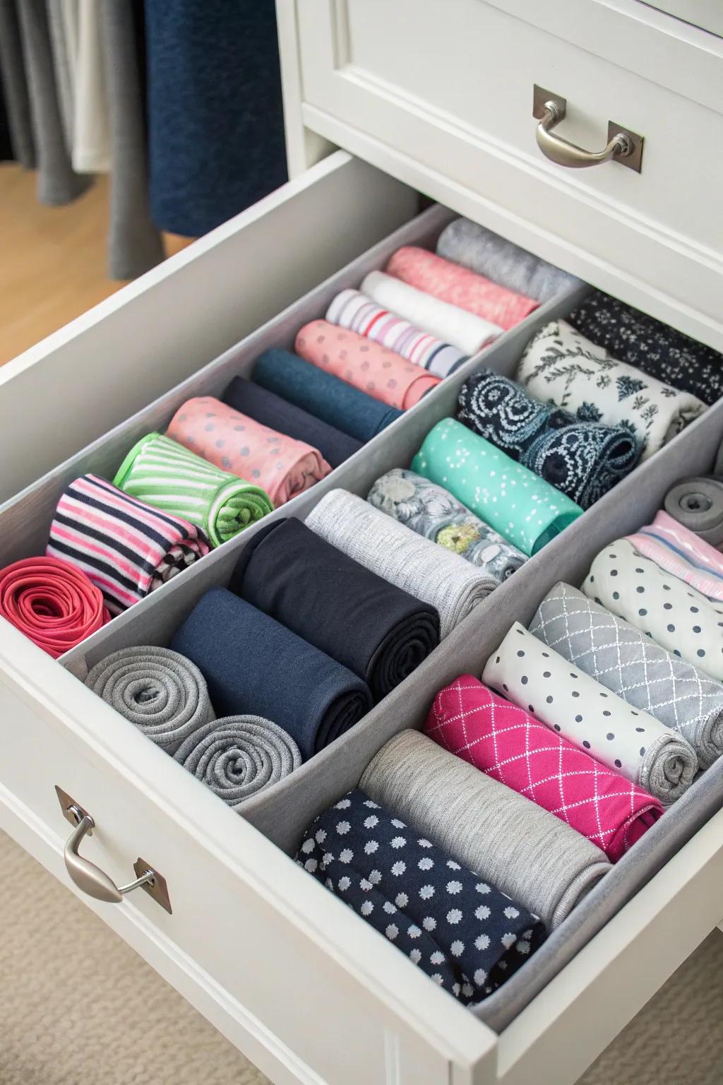 Roll and store your leggings in drawers for a space-saving solution.