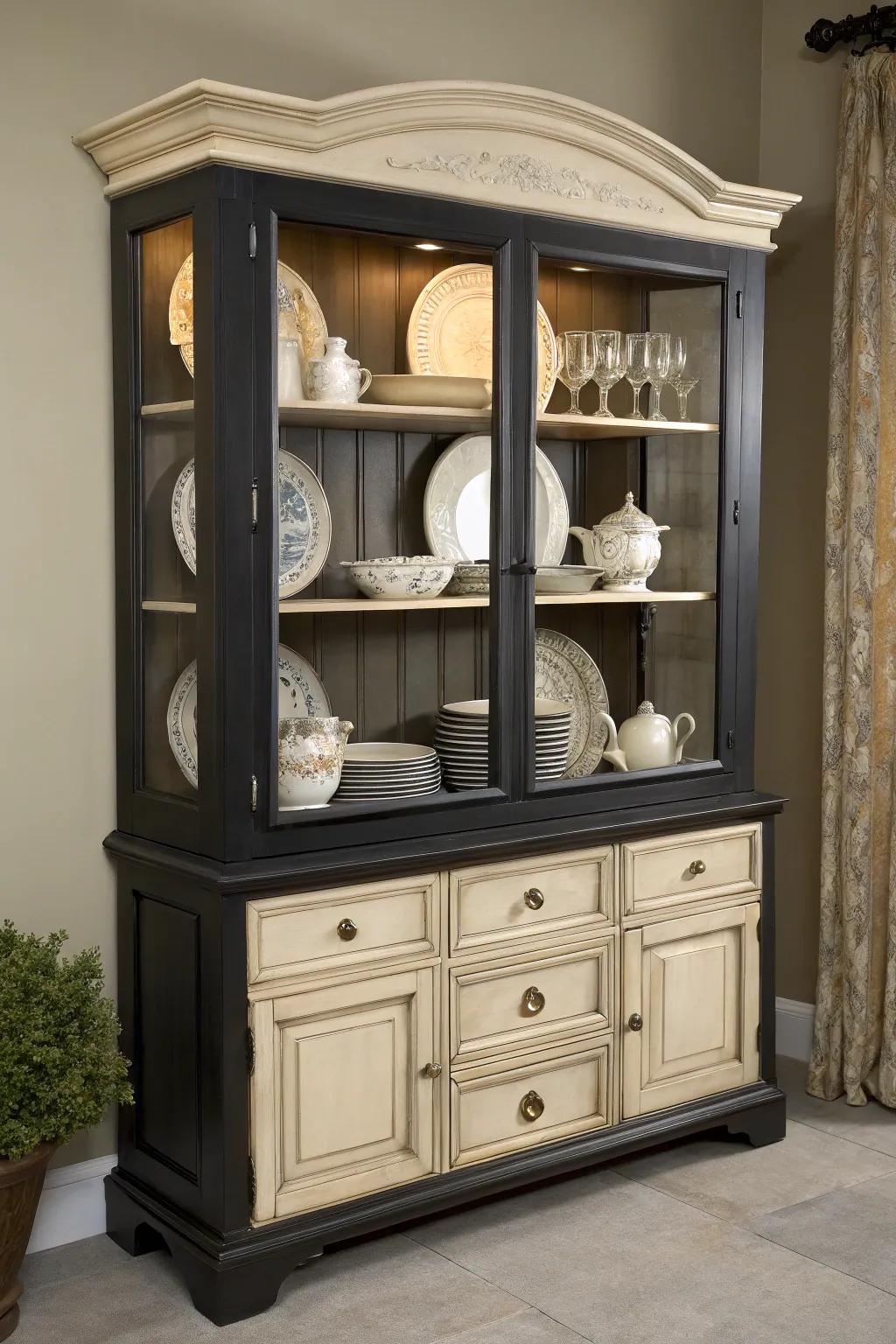 Two-toned design adds depth and elegance to this hutch.