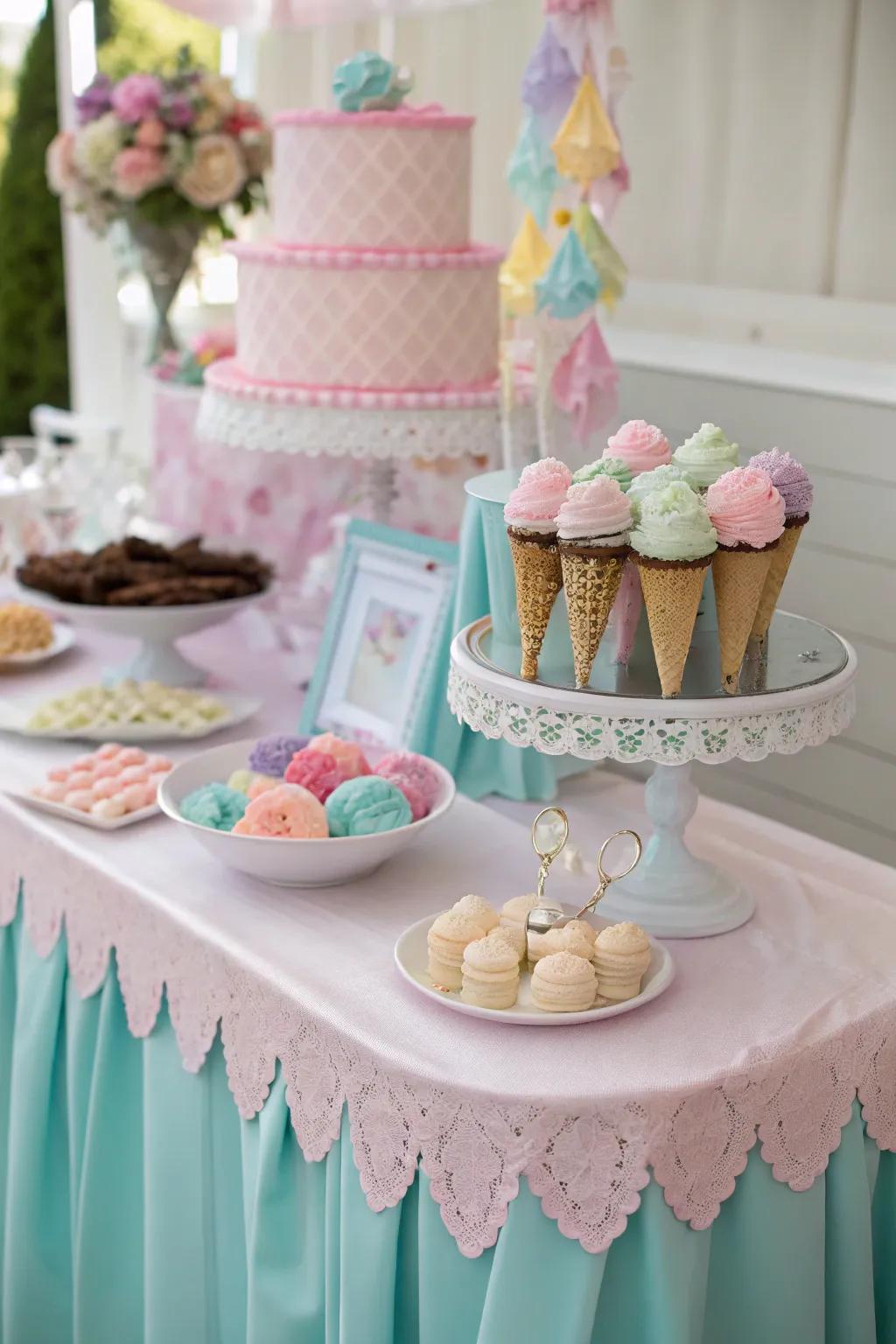 A pastel-themed ice cream table that harmonizes with the party decor.