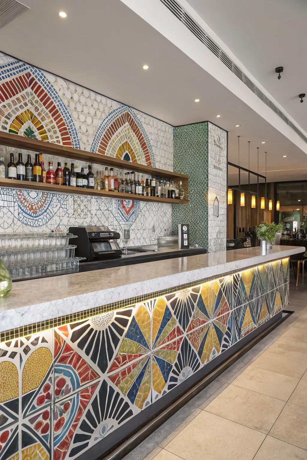 Mosaic tiles add an elegant touch to your bar area.