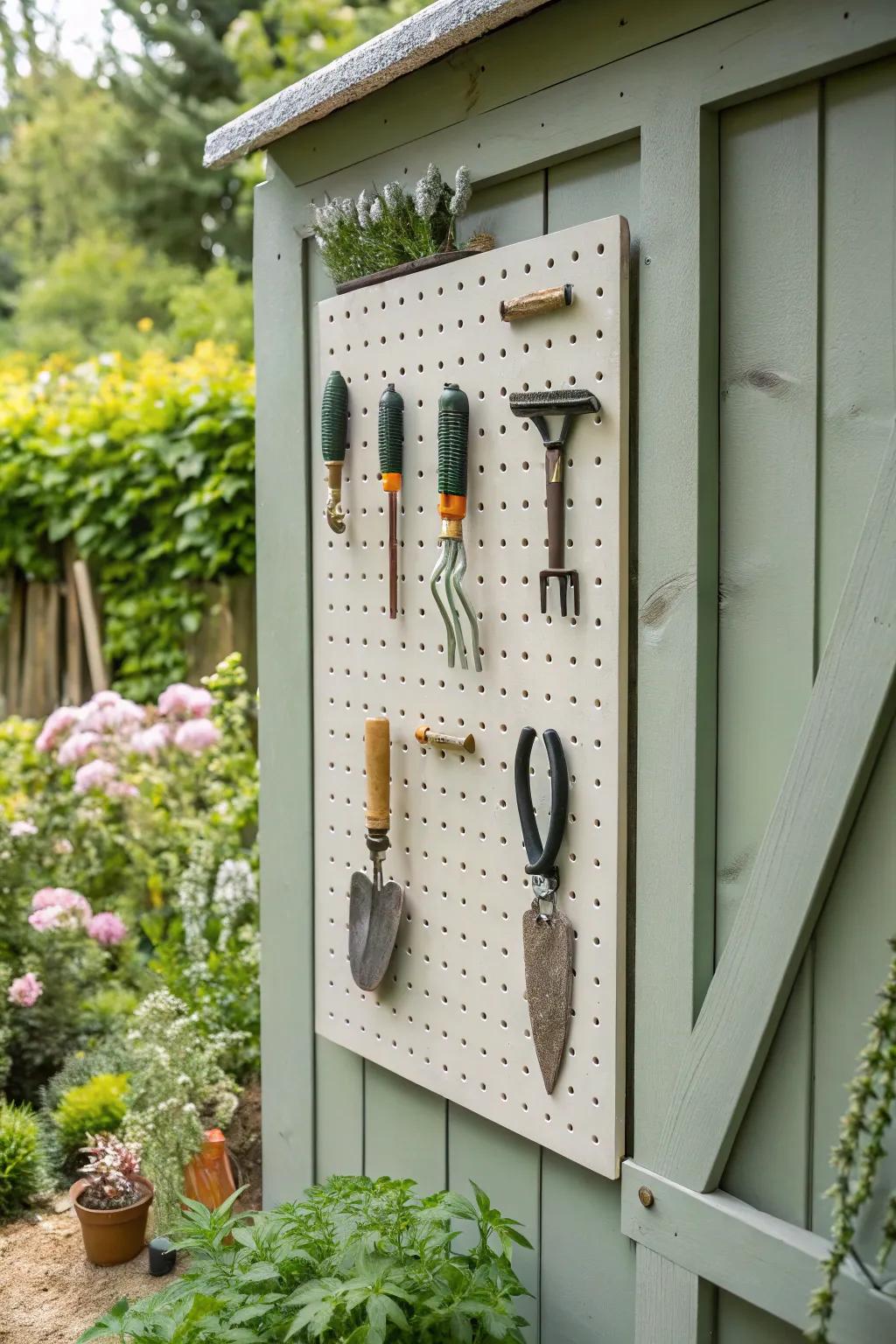 A pegboard allows for customizable and easily accessible tool storage.