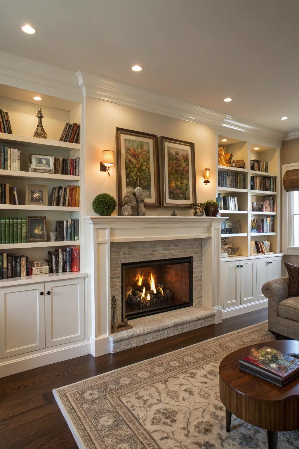 A living room featuring a fireplace flanked by built-in shelves filled with books and decor.