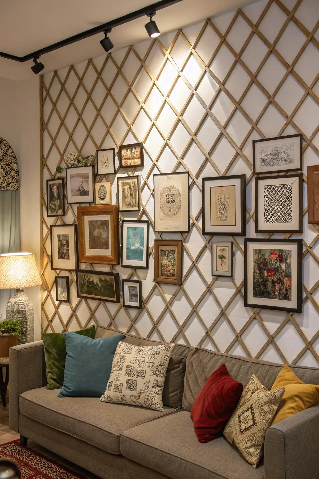 Lattice wall serving as a textured backdrop for a gallery of art.