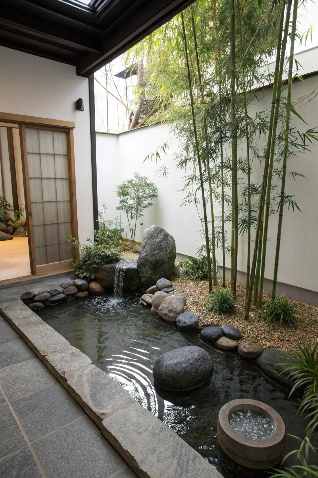 A Zen garden pond brings tranquility indoors.