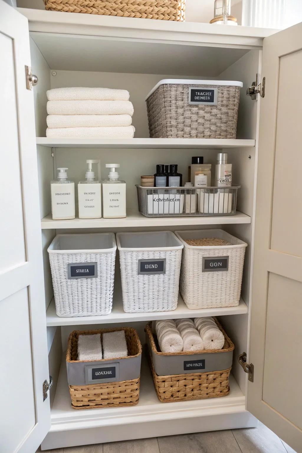 Baskets and bins keep your cabinet contents neatly categorized.