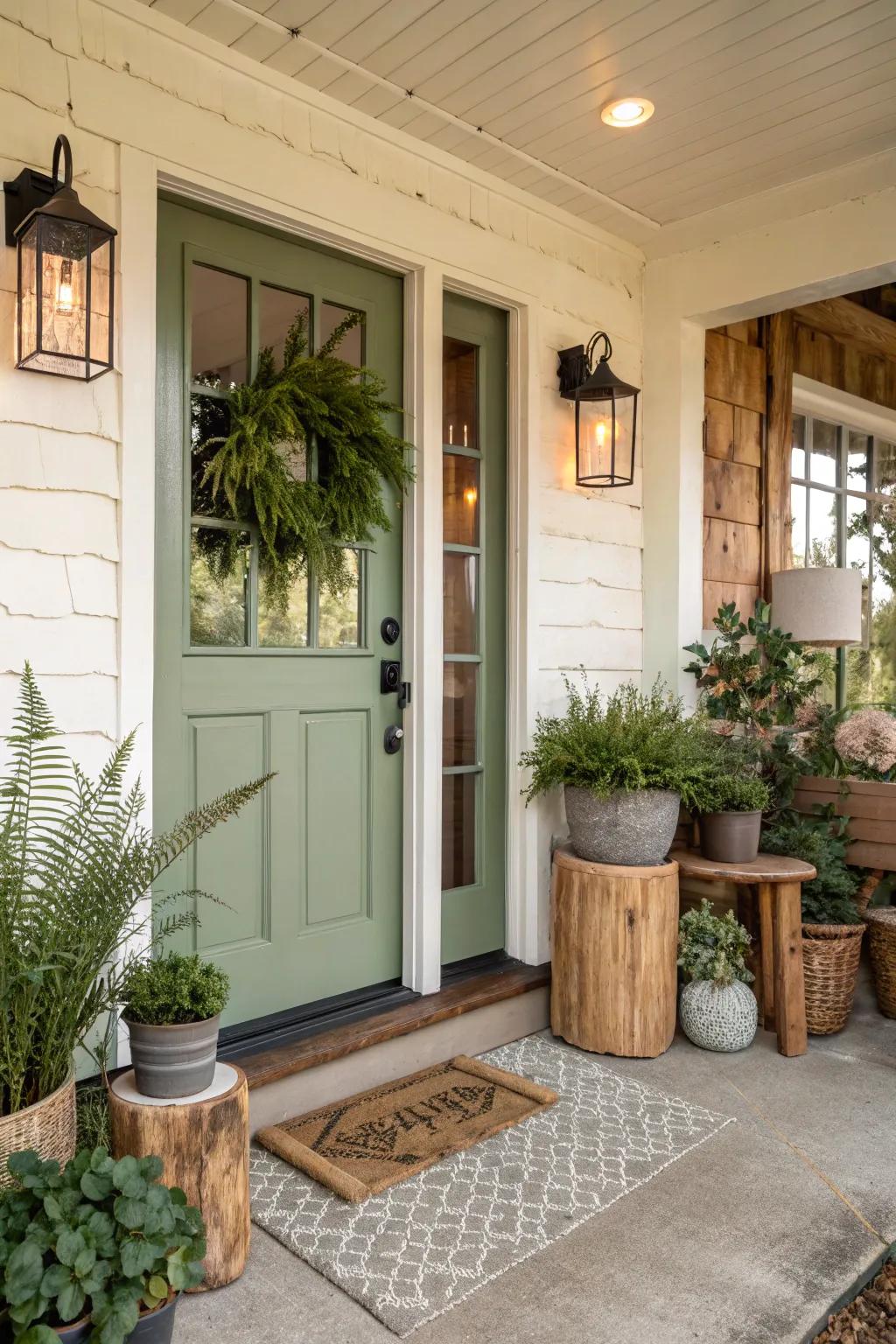 Sage green door providing a calming effect in the entryway.