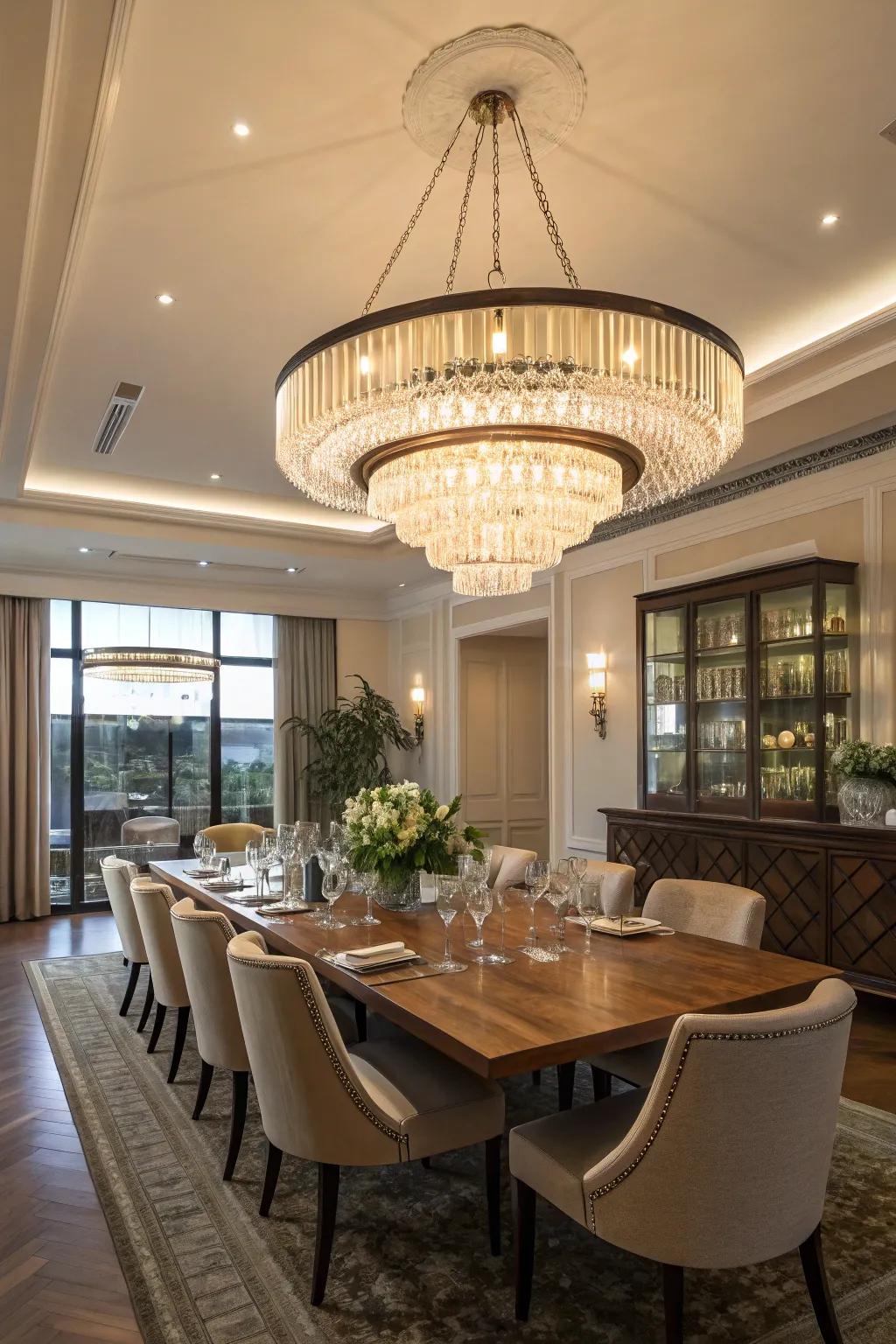 A stunning modern chandelier acting as a focal point in a dining room.