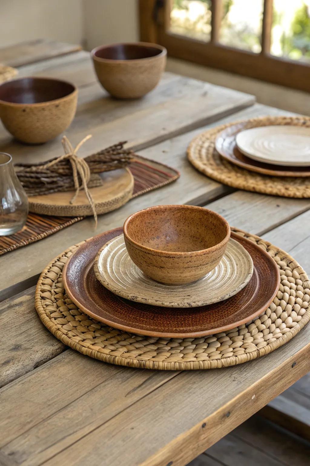 Earthy tableware brings rustic charm to the setting.