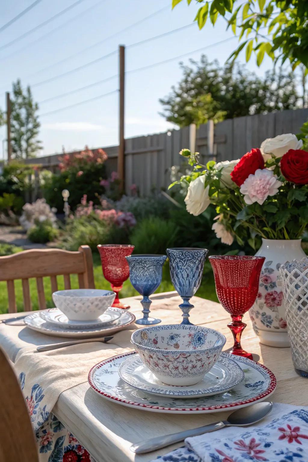 A regal table setting with red, white, and blue glassware.