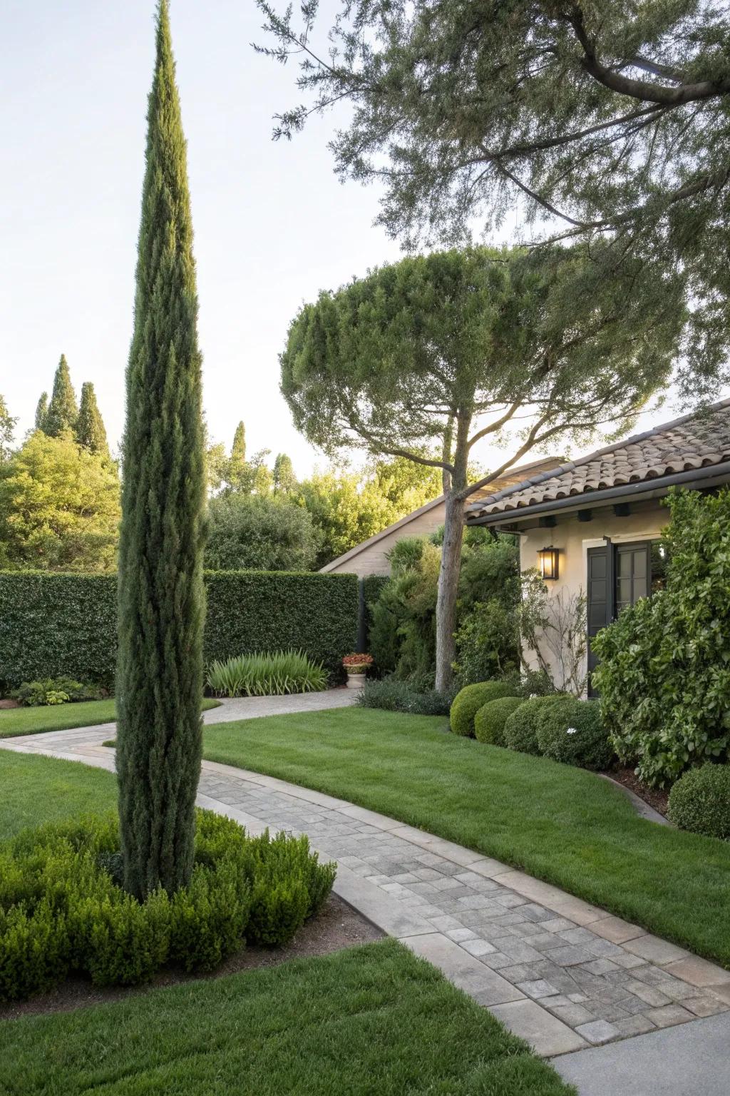 Tall juniper as a striking front yard focal point