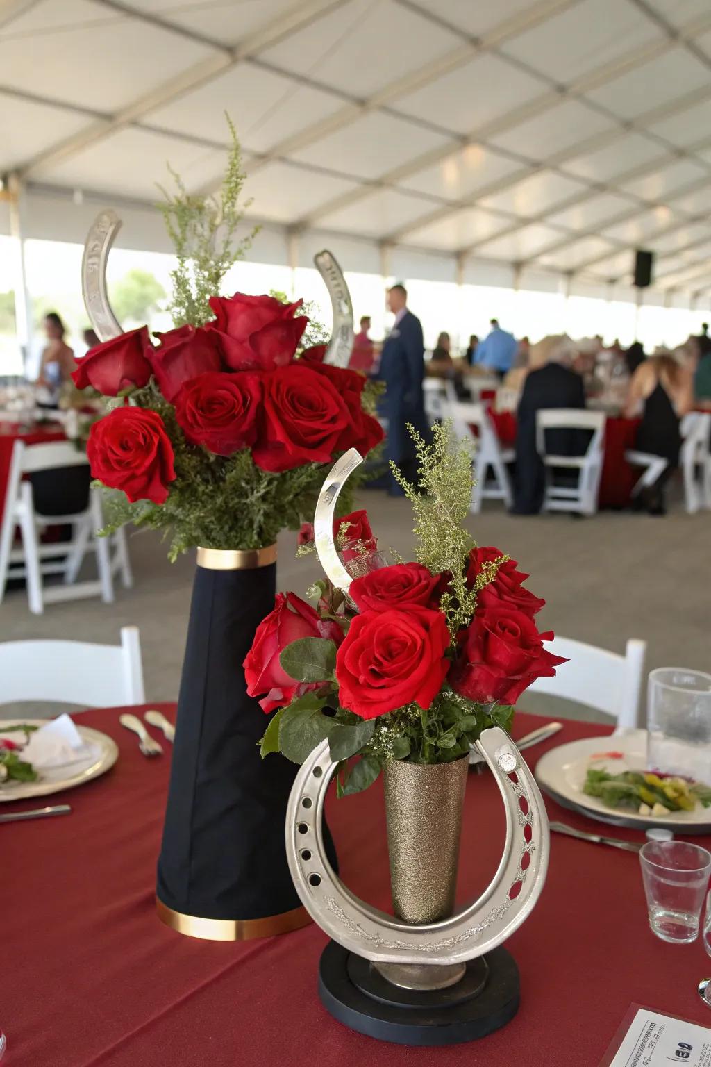 A charming horseshoe and rose centerpiece perfect for a Derby gathering.