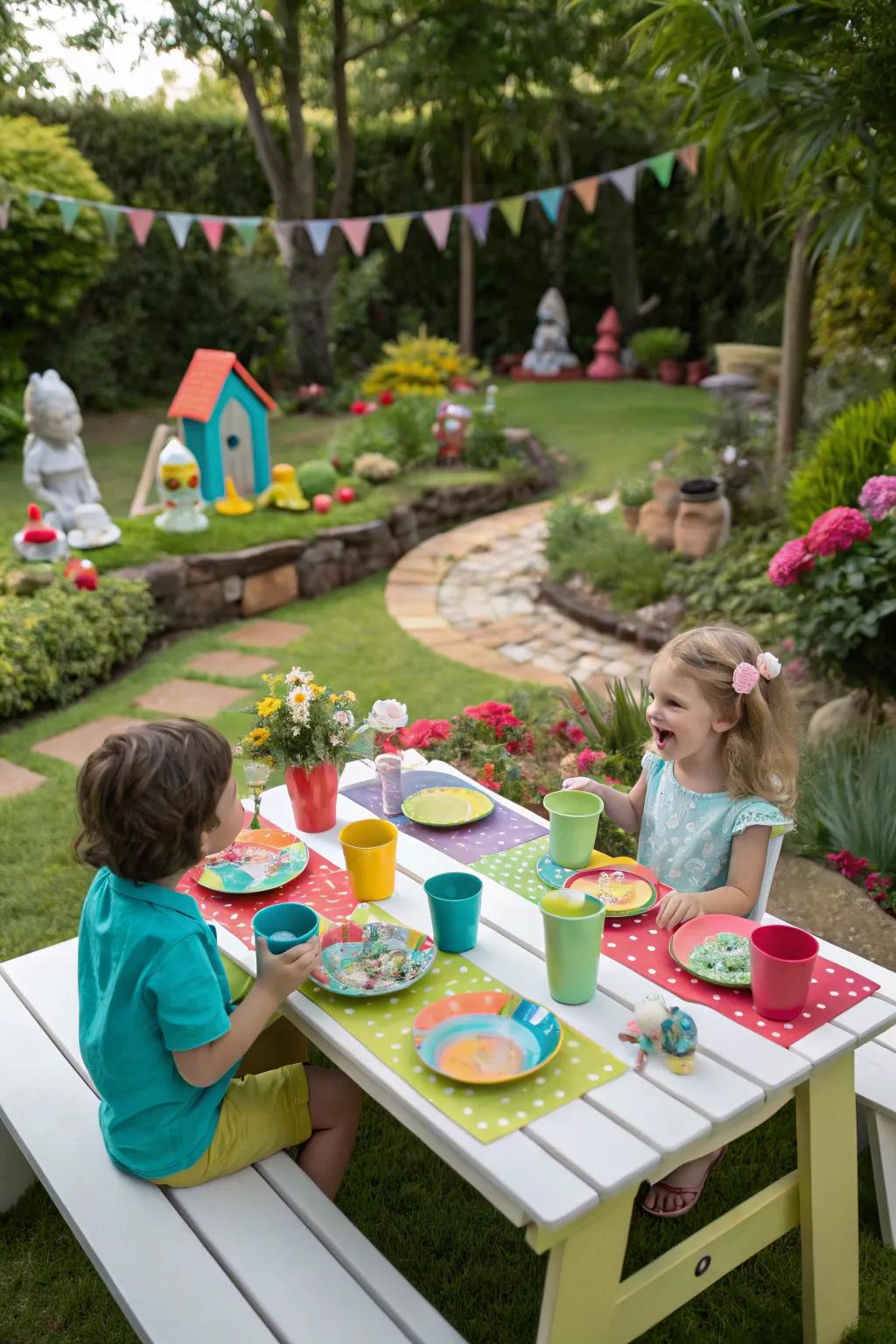 Kids' outdoor picnic table set for fun and creativity in the garden.