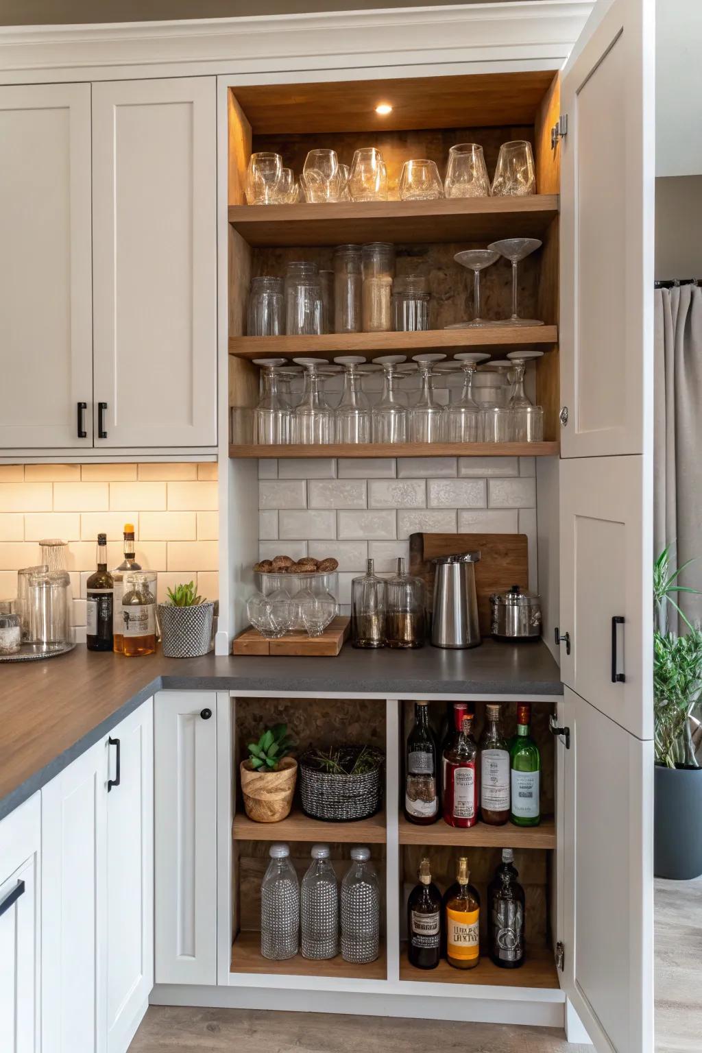 Open shelves add a dynamic element to this bar cabinet.