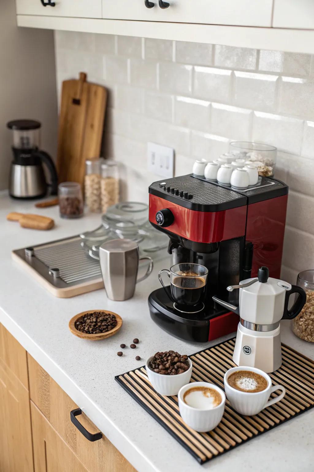 A dedicated space for your coffee essentials keeps things efficient.