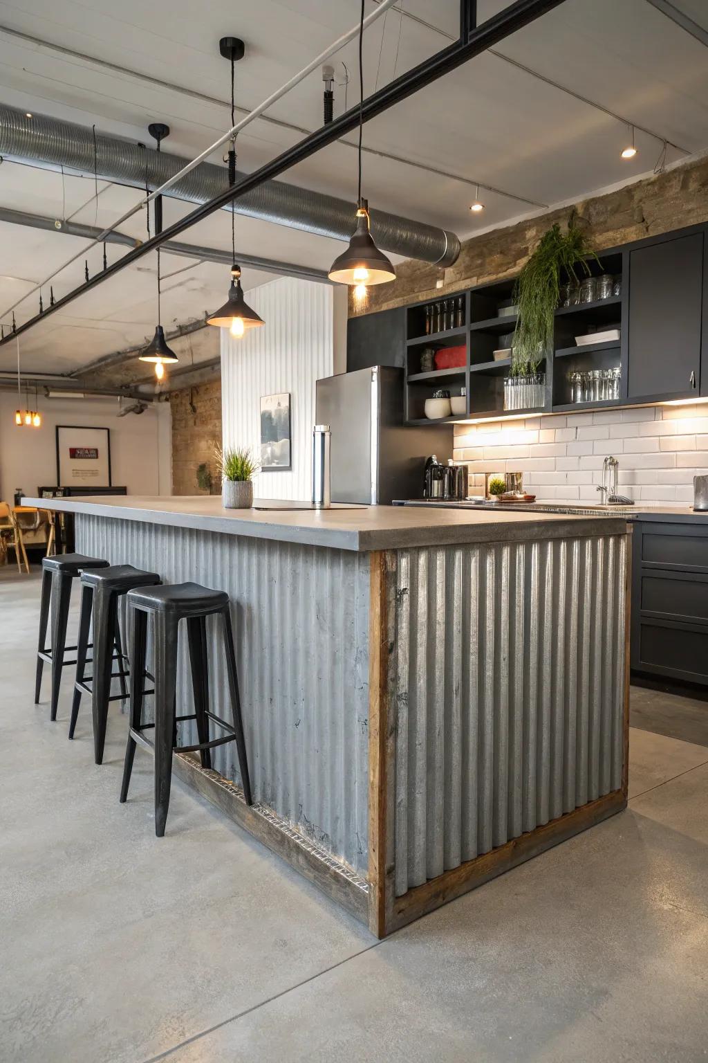 Corrugated metal adds an industrial edge to this kitchen island, creating a bold statement.