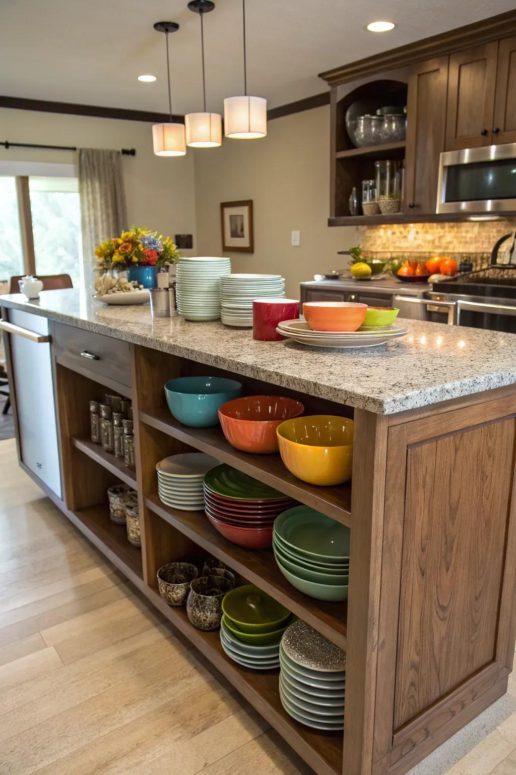 Open shelving offers both functionality and style to your kitchen island.