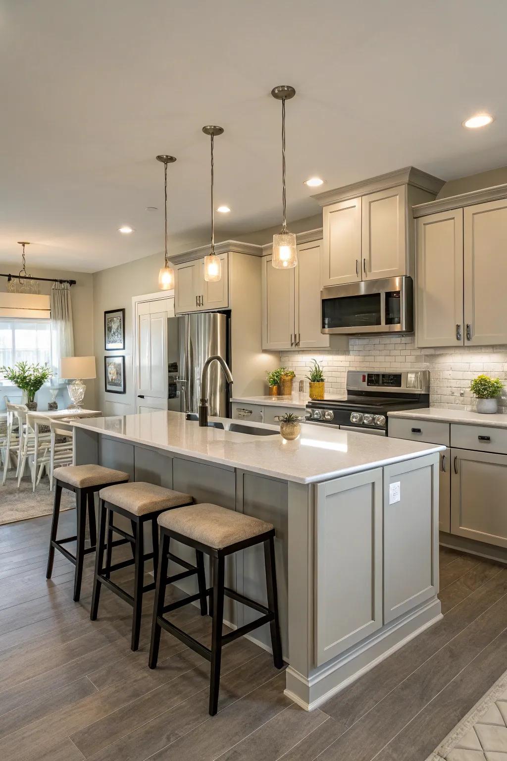 A serene modern kitchen featuring a palette of neutral colors.