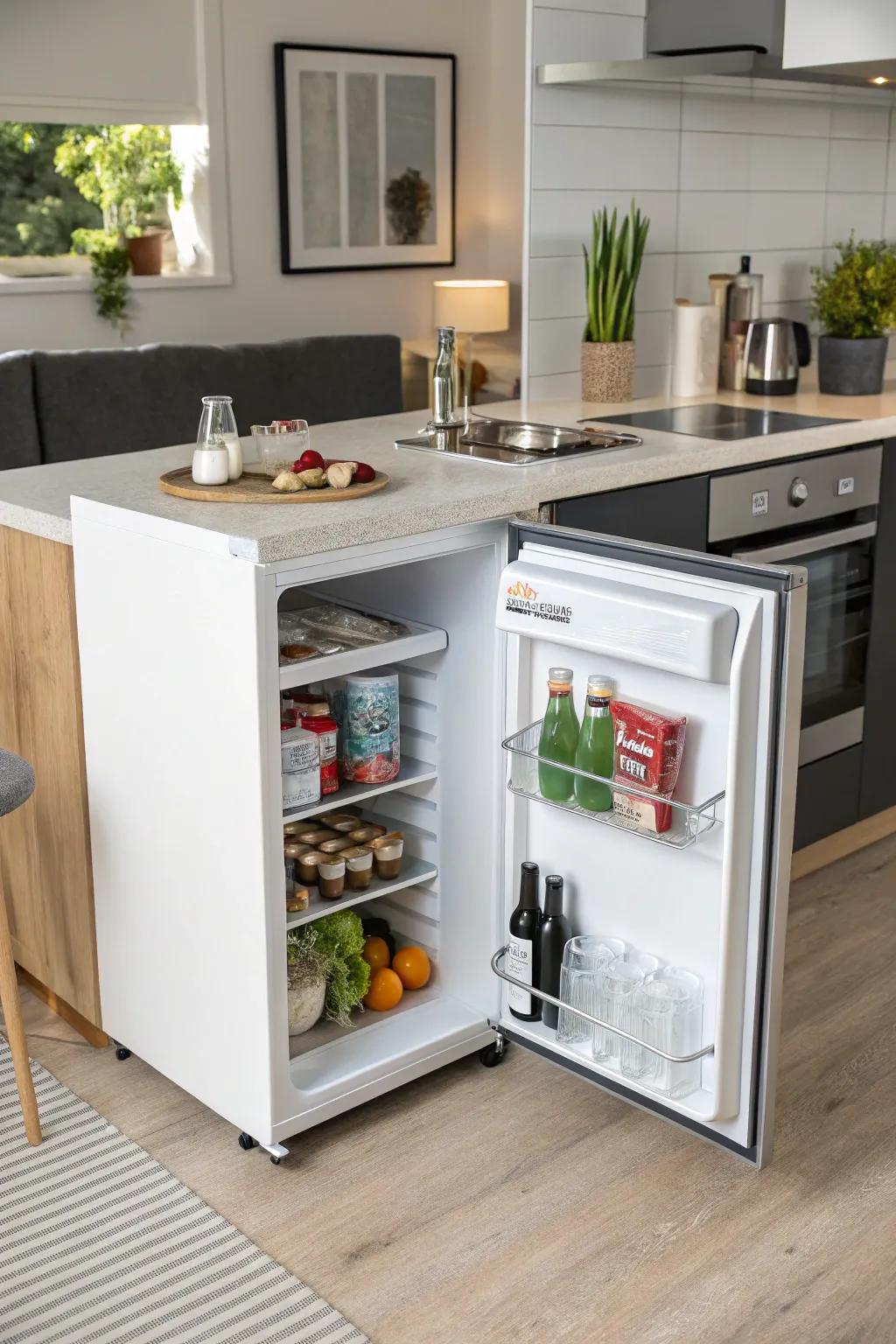 A compact fridge neatly placed under the kitchen counter, perfect for small spaces.