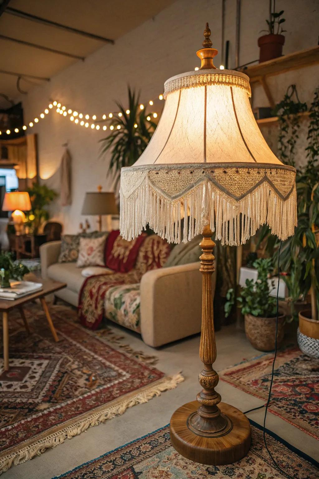 Create a bohemian charm with fringe trim on your lampshade.