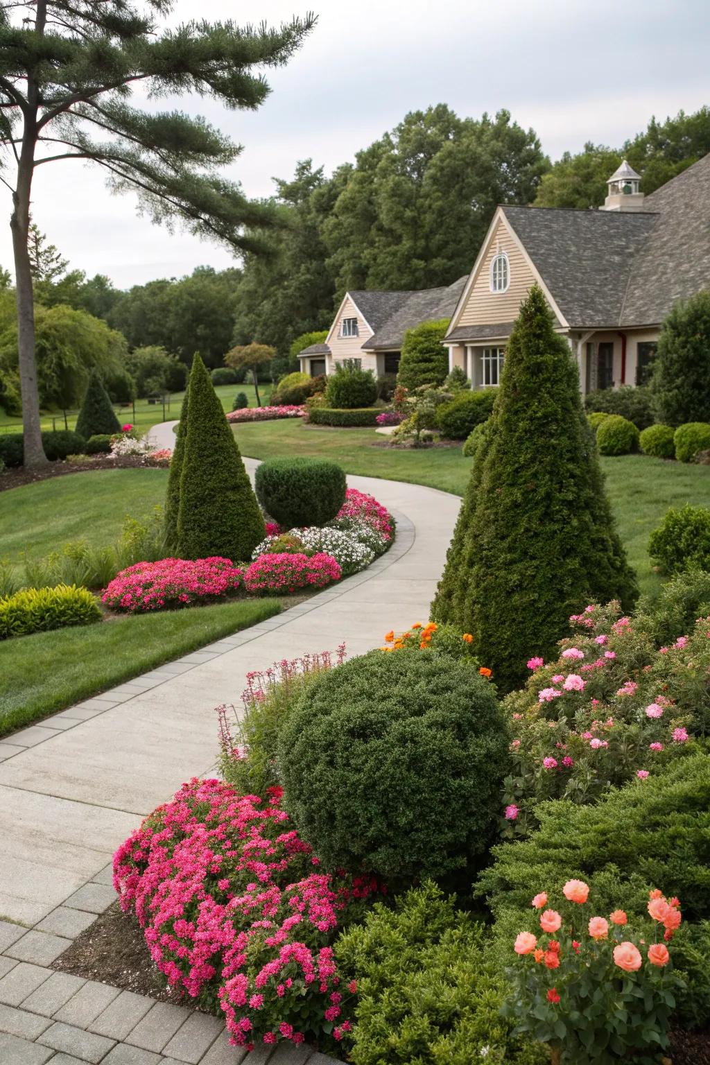 Evergreen shrubs provide year-round structure and complement colorful flower beds.