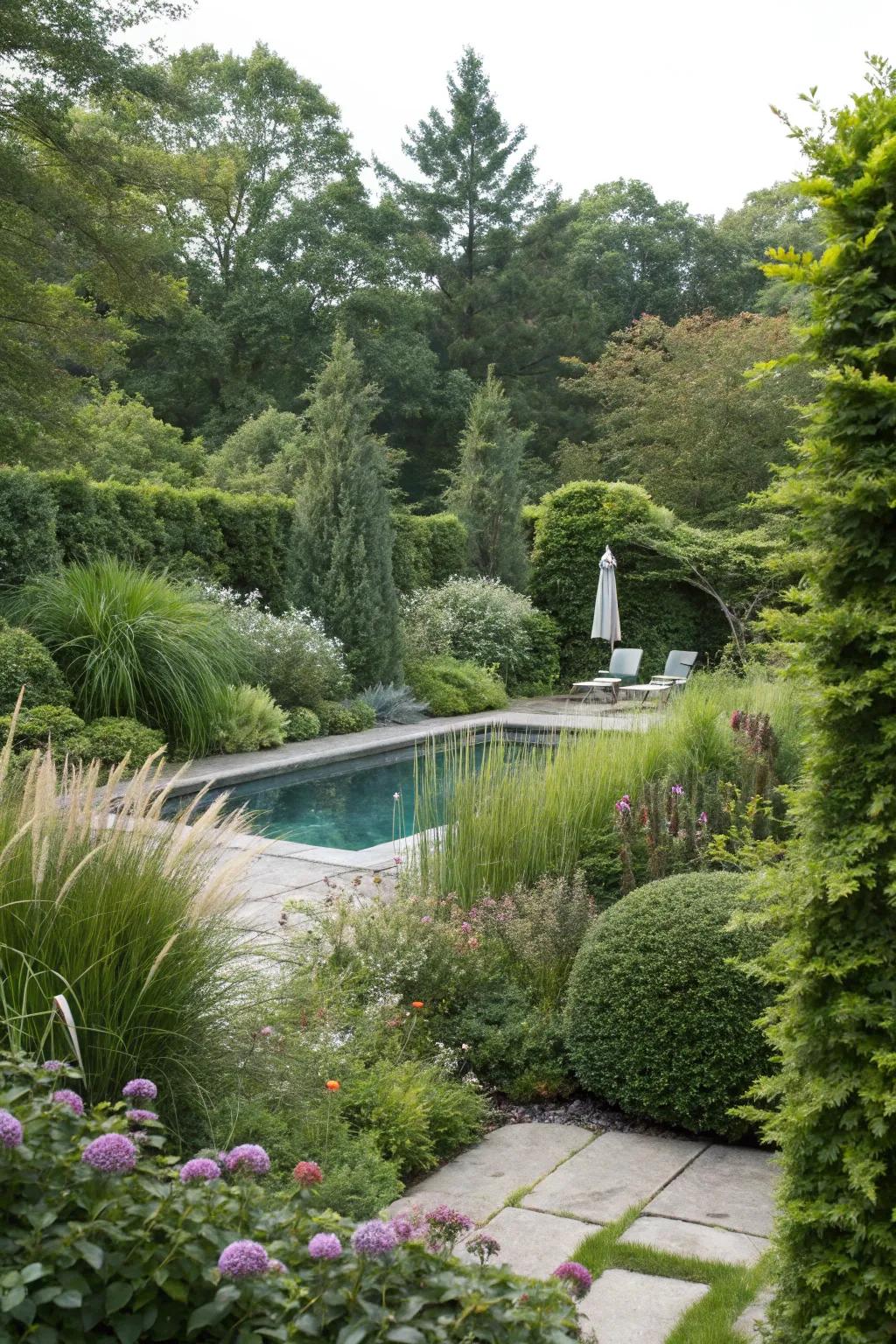 Tall shrubs and grasses offer a natural way to conceal pool equipment effectively.