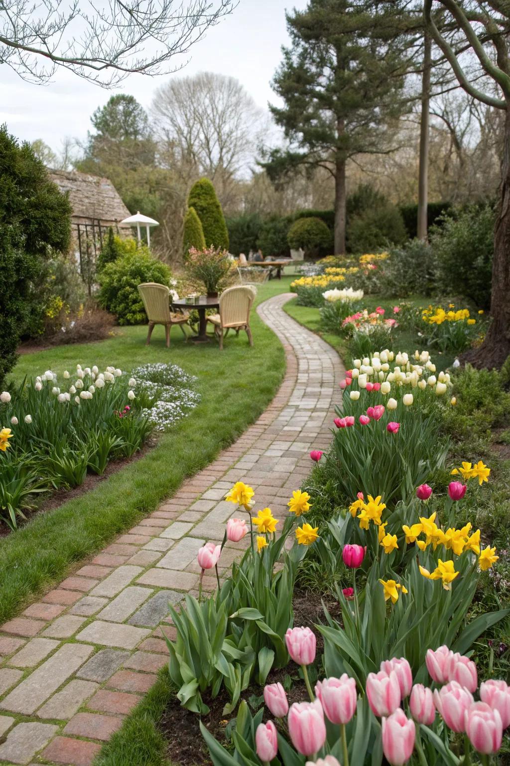 Tulips and daffodils adding structure and color to a garden path.