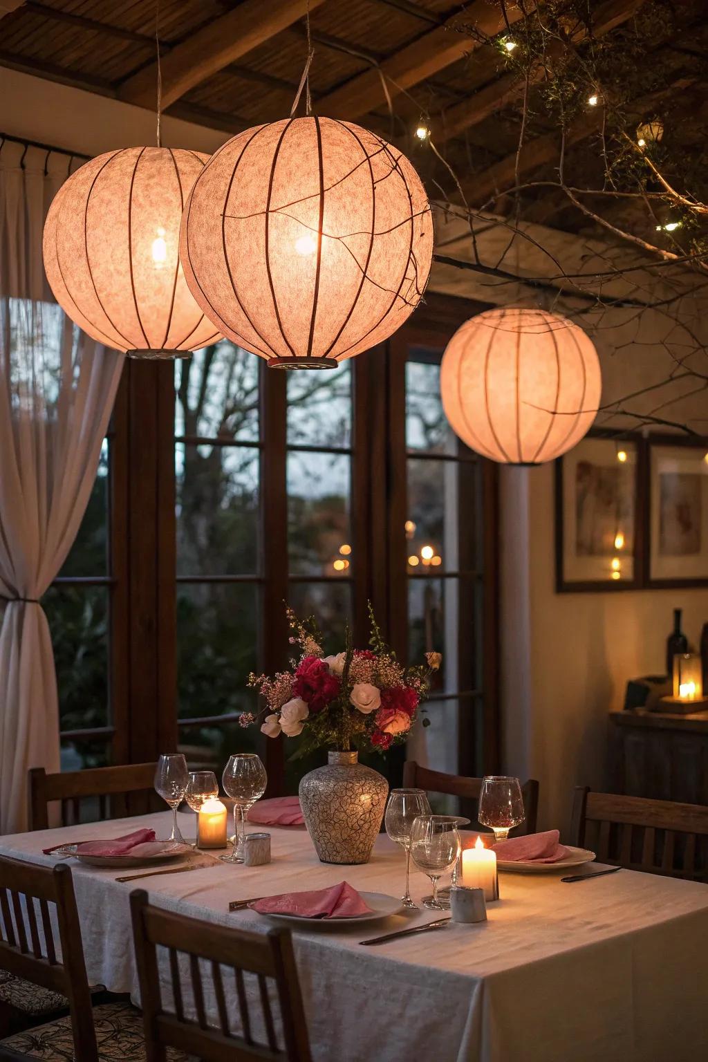 Hanging lanterns create a romantic dining atmosphere.