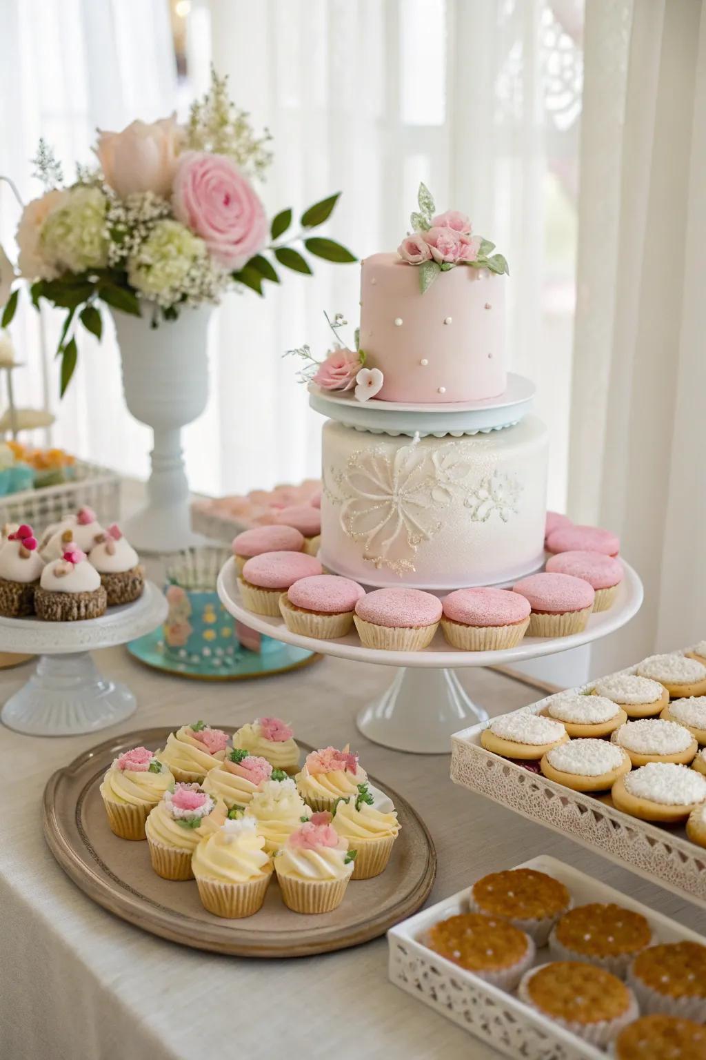 A delightful dessert table with beautifully decorated cupcakes and cookies.