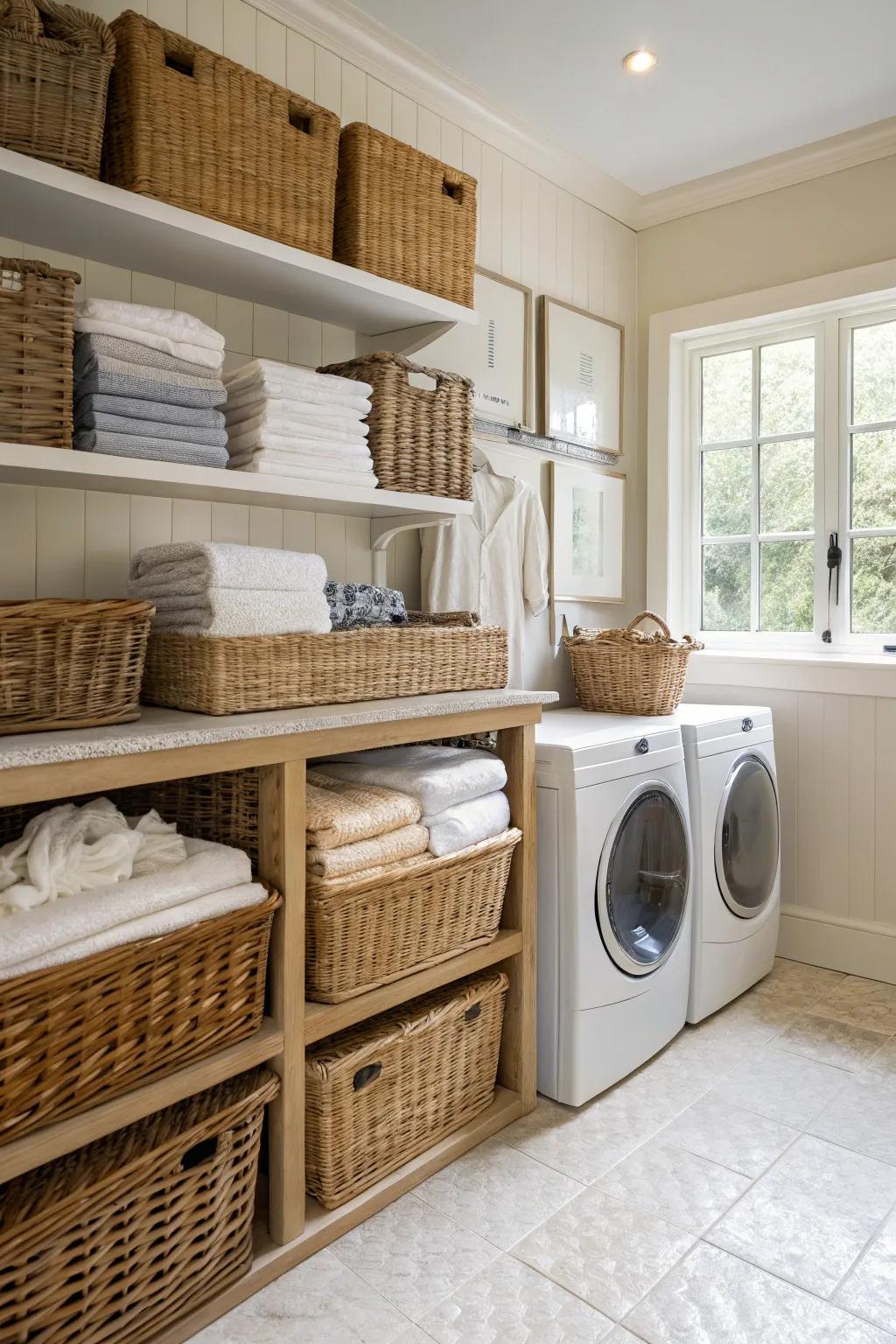 Stylish baskets keep your laundry room organized.