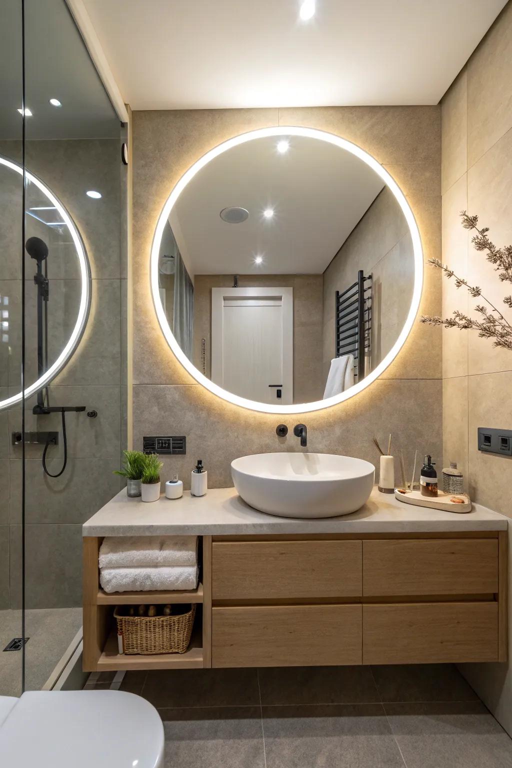 A round LED mirror that adds a touch of harmony to the bathroom.