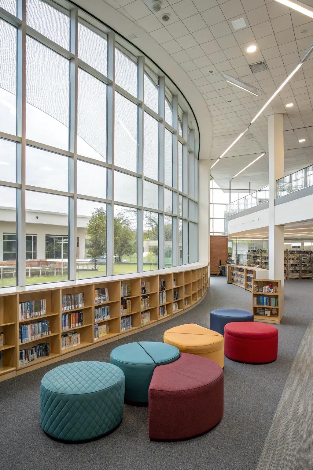 Flexible seating with modular couches and poufs for a versatile library space.