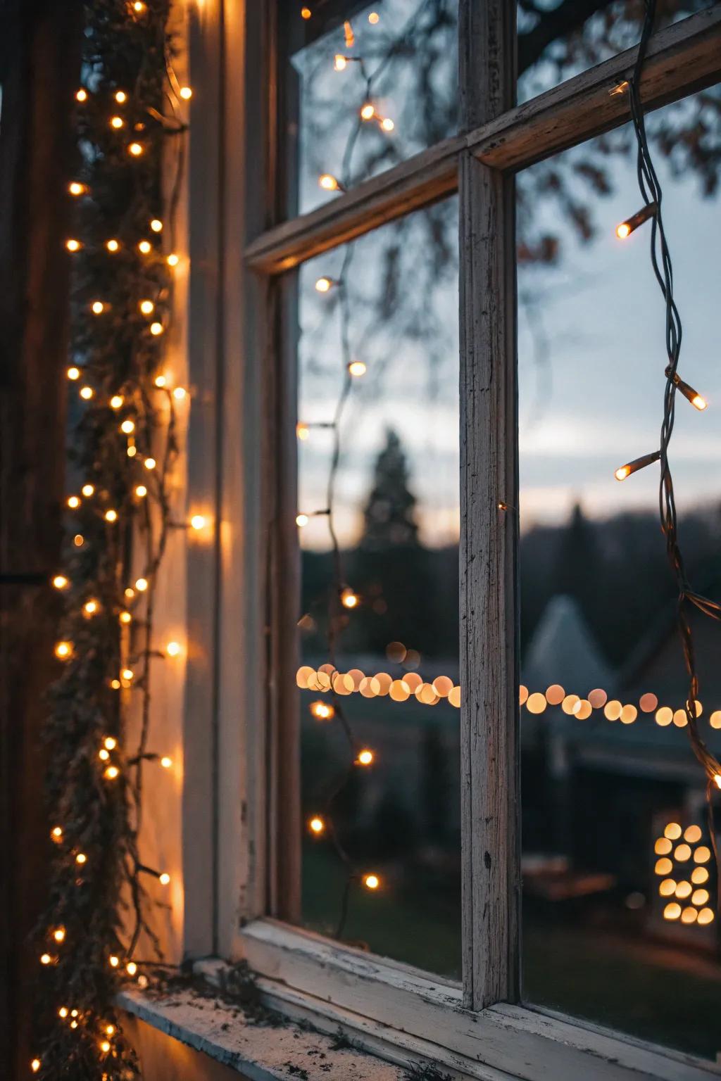 Windows wrapped in lights for a cozy, magical atmosphere.