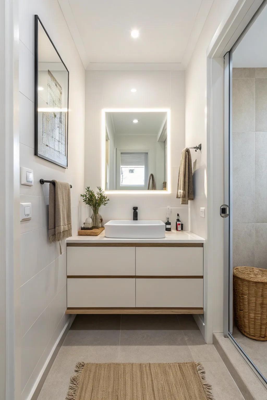 Floating vanity in a small bathroom adds modern elegance.