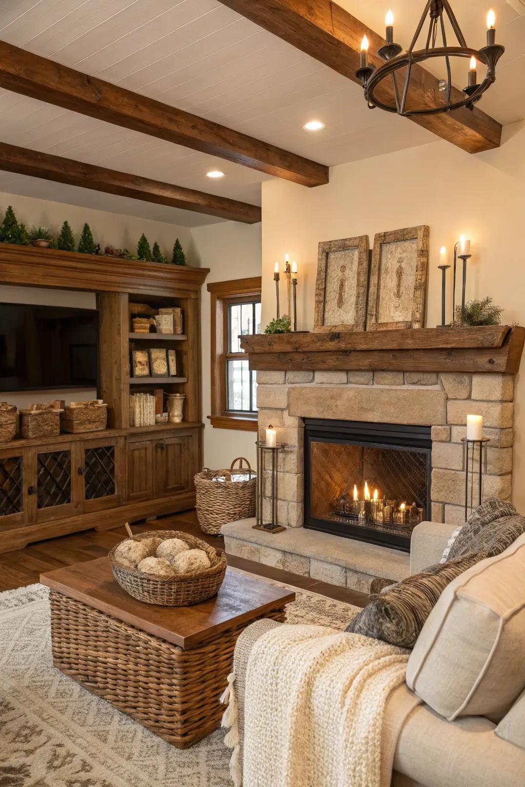 Warm wood finish crown molding creates a cozy atmosphere.