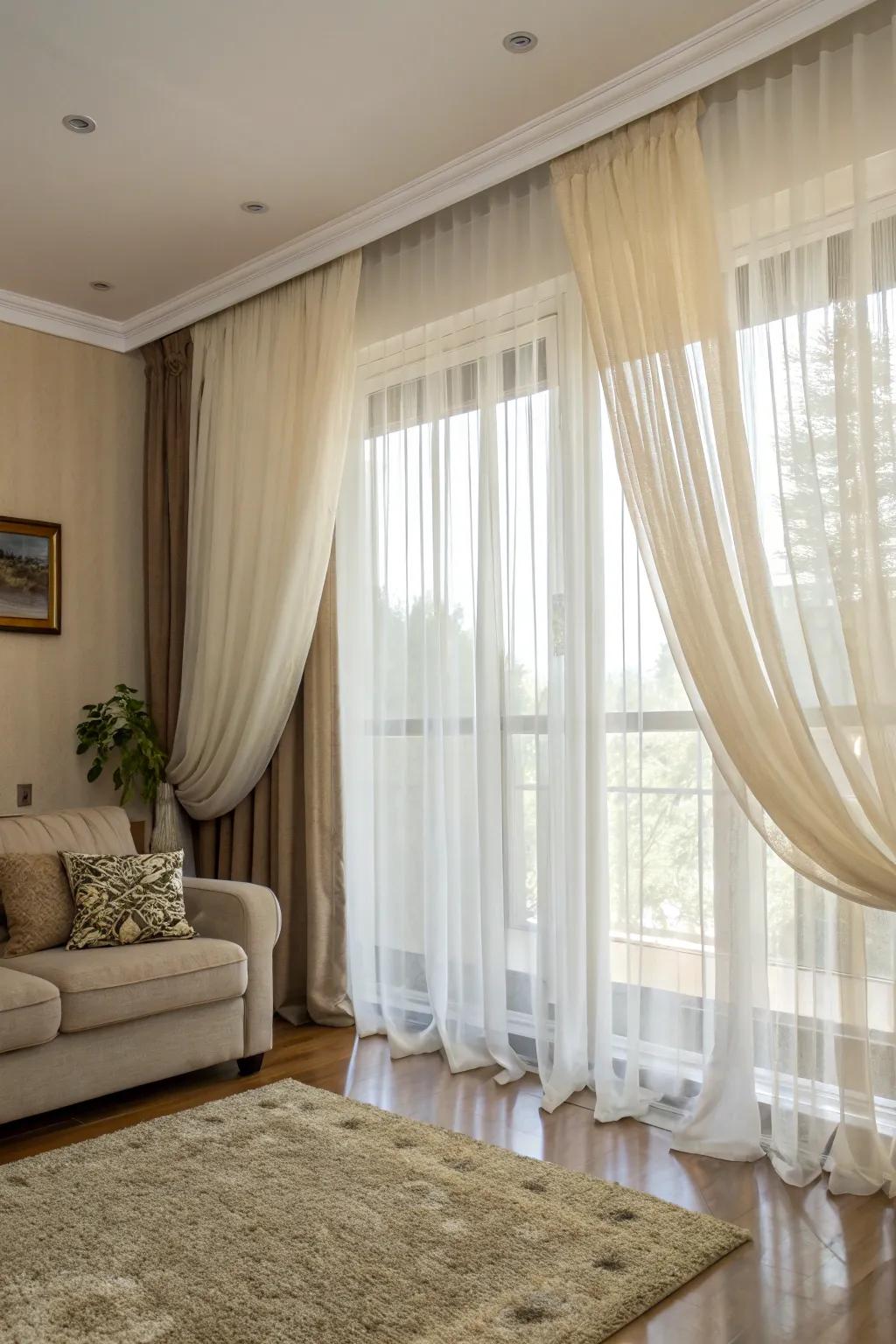 Achieve versatile lighting with layered sheer and opaque curtains.